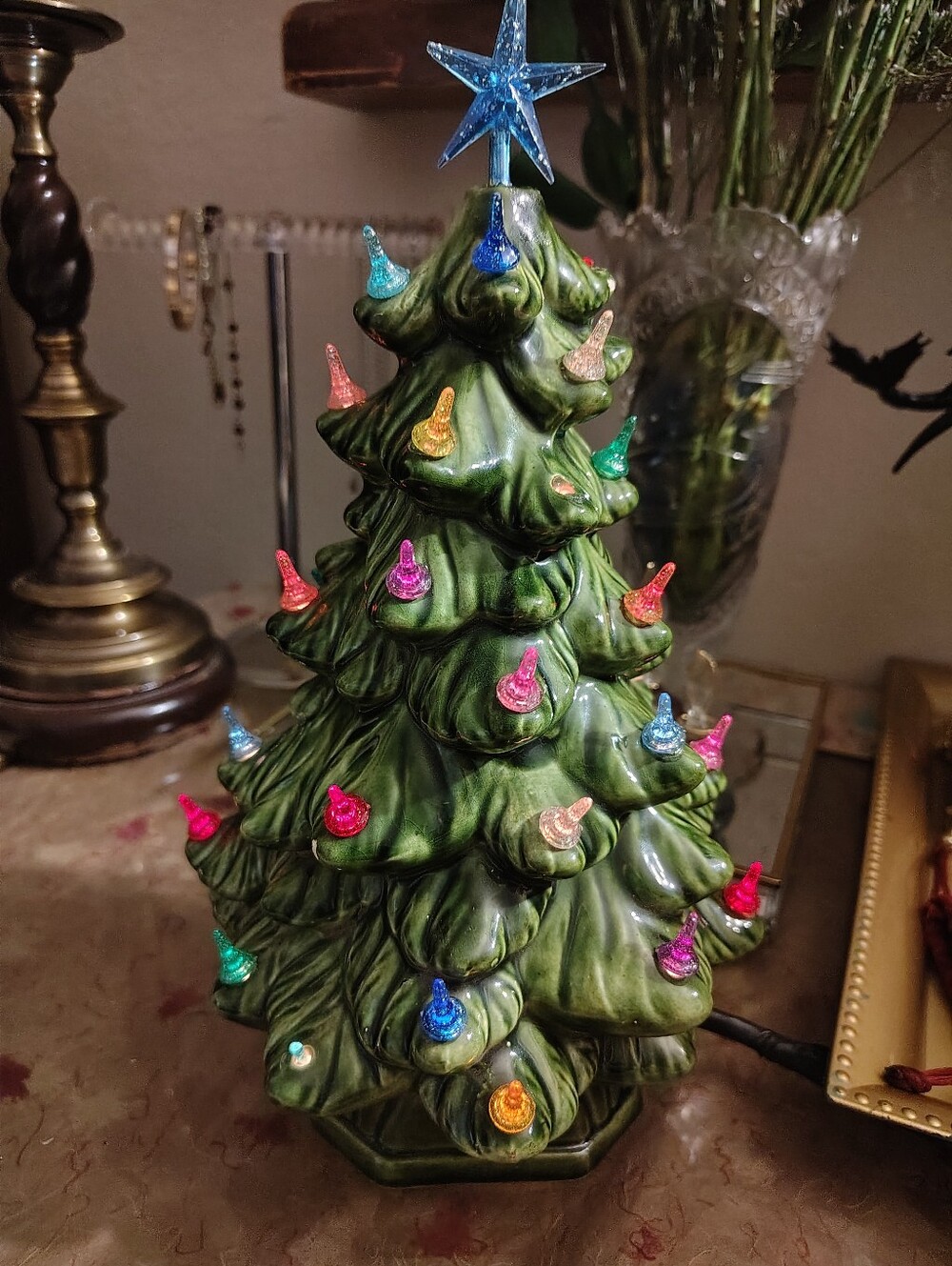 Vintage Ceramic Christmas Tree Lighted Multi Color Bulbs Blue Star Topper 13"